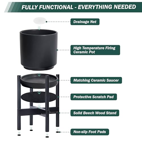 D'vine Dev Ceramic Planter with Ebony Stand - 8 Inch Modern Round Flower Pot with Wood Planter Holder, Black, 55-B-M-2 - color: Black Pot + Ebony Stand, size: 8 Inch