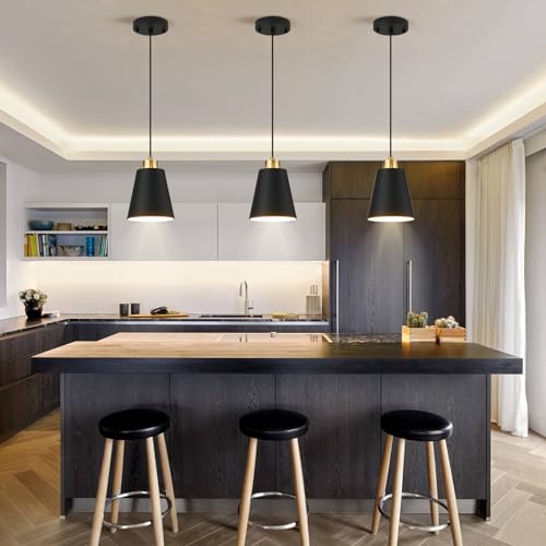 3-Pack Matte Black Pendant Lights Metal Cone Kitchen Island Pendant Lighting with Gold Modern Hollow Shade Hanging Light Fixture for Dining Room Bar Hallway 63" Adjustable Cord - color: Black 3-PACK