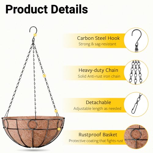 ZeeDix 2 Pack 14 Inch Metal Outdoor Plant Hanging Baskets, Round Wire Planter Basket with Coco Coir Liner, Large Hanging Flower Pots for Outdoor Garden Yard Patio Porch Balcony Decor - size: 14 Inch