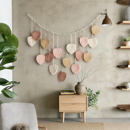 M MANUAL Macrame Leaves Wall Hanging 47.3x29.5Inch Large Chic Feather Boho Macrame Wall Decor Leaf Hanging Photo Display Handmade Woven Wall Art 16pcs Leaf Tapestry - Pink - size: Pink - 47.3*29.5in