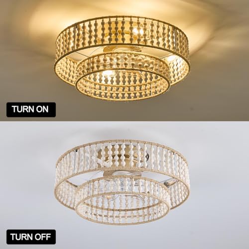 20" Boho Ceiling Fan with Lights Flush Mount,Bohemia White Wood Bead Close to Ceiling Fan Light, 4 Lights Low Profile Enclosed Ceiling Fans with Remote Control for Bedroom Living Room Kitchen - color: White-2
