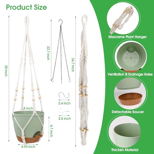 Hanging Planters for Indoor Outdoor Plants, 2 Pack Self Watering Hanging Pot with Drainage Holes, Removable Tray & 2 Kinds of Plant Hangers, 8'' Hanging Flower Pots for Home Garden Decor, Green - color: Ivory+black+green, size: 8''