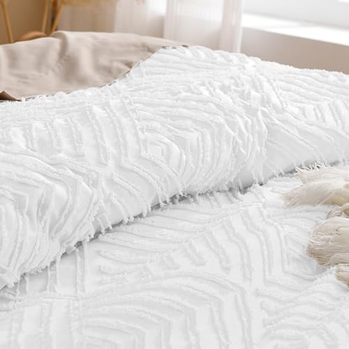 Andency White Comforter Full Size, 3 Pieces Boho Lightweight Fluffy Bedding Comforter Set for Full Bed, Tufted Farmhouse Design Bed Set for All Seasons (1 Comforter 79x90In, 2 Pillowcases) - color: 02 - White, size: Full (79"x90")