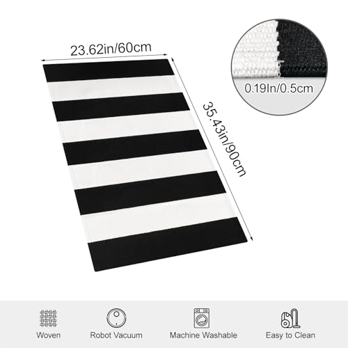 Black and White Striped Rug 27.5x43 Inches Front Door Rug Outdoor Small Striped Rugs Cotton Washable Indoor Outdoor Rug Doormats for Patio Farmhouse Entryway Kitchen Foyer - color: Black and White Striped Rug, size: 2‘×3’