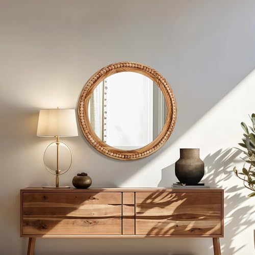 ULIKE Round Wood Mirror with Natural Wooden Bead Frame, 30 Inch Rustic Farmhouse Wall Mirror for Bathroom Nursery Bedroom Living Room Brown, Brown - color: Brown Round, size: 30"L x 30"W