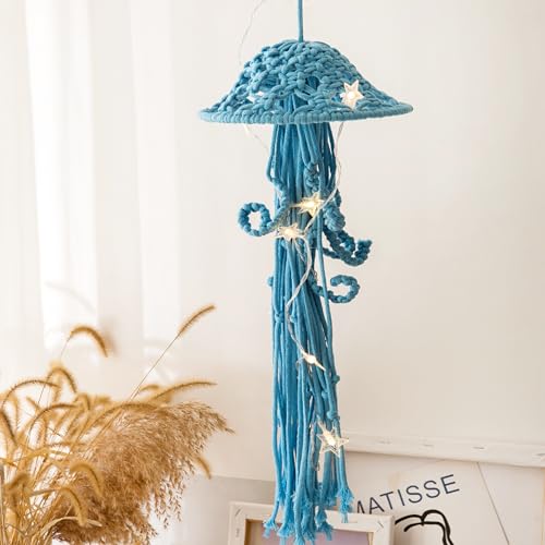 Macrame Wall Hanging,Jellyfish Dream Catcher with Star Lights,Bohemian Woven Wall Art Decor Beautiful Apartment Dorm Room Door Decoration (Blue) - color: Blue