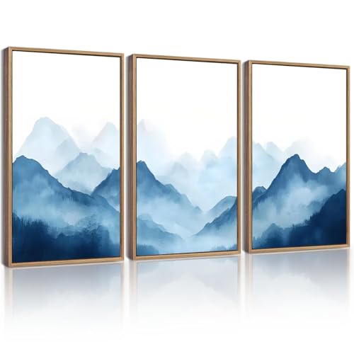 KUVIOKE Blue Watercolor Mountains in Fog Framed Wall Art Wilderness Nature Landscape Painting Rustic Scenic Relax Cool Home Decor 11x14in (Natural Framed) - color: Watercolor Mountain, size: 11 x 14in x 3 Panels Natural