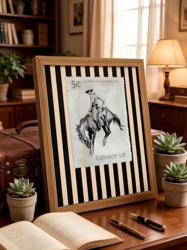 LBTZEVIR Vintage Western Wall Art,Rodeo Cowboy Postage Print with,StriplesVintage,Mid Century Southwest Cowboy Pictures Wall Decor for Living Room Bedroom Bathroom 8x10 inch Framed - color: Black and White1, size: 8"L x 10"W