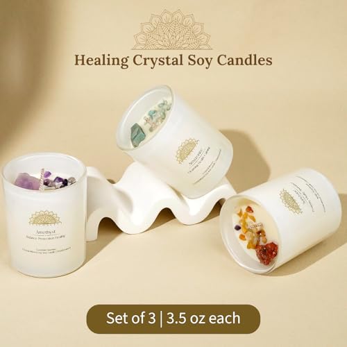 AvaConcept Healing Crystal Candle Gift Set – Set of 3 Amethyst, Amazonite & Sunstone Hand-Poured Soy Wax Lavender Jasmine, Coastal Breeze & Jungle Attachment Aromatherapy 3.5oz Each | Premium Gift Box - size: 3.5oz, style: Lavender Jasmine, Coastal Breeze