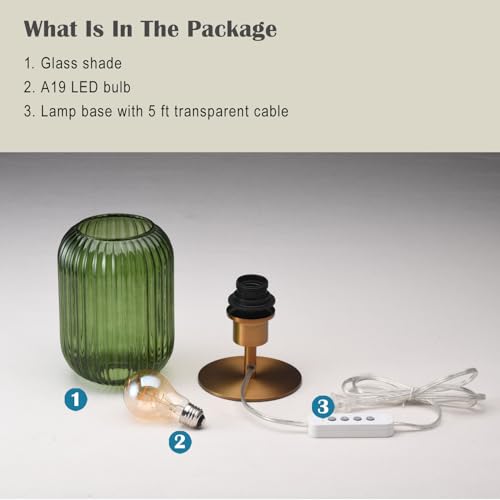 Mid Century Glass Table Lamp,Dimmable Desk Lamp,LED Bulb Included,Timer Build-In,Green Ribbed Glass - color: Green Ribbed, size: Timer