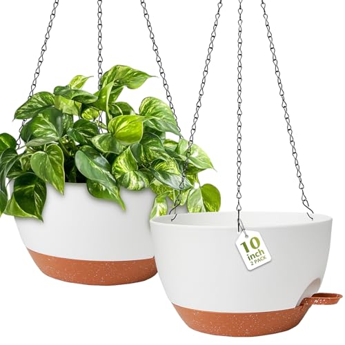 GARDIFE Hanging Planters for Indoor Outdoor Plants, 2 Pack Self Watering Hanging Pot with Drainage Holes & Removable Tray (White, 10 inch) - color: White, size: 10 inch