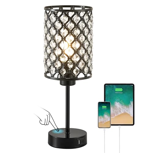 GyroVu Crystal Table Lamp, Black Lamp for Bedroom Nightstand with USB C+A Ports, Dimmable Touch Lamp with Crystal Shade, Bedside Lamp Small Lamp for Bedroom, Living Room, Office (Bulb Included) - color: Black, size: 14.75"