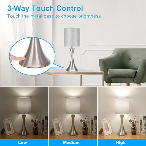 3 Way Touch Control Table Lamp, Dimmable Bedside Desk Lamp with Metal Base Modern Nightstand Lamp Stylish Grey Shade Simple Side Table Lamp for Bedroom, Living Room, Office or Den LED Bulb Included - color: Silver Base with Gray Shade