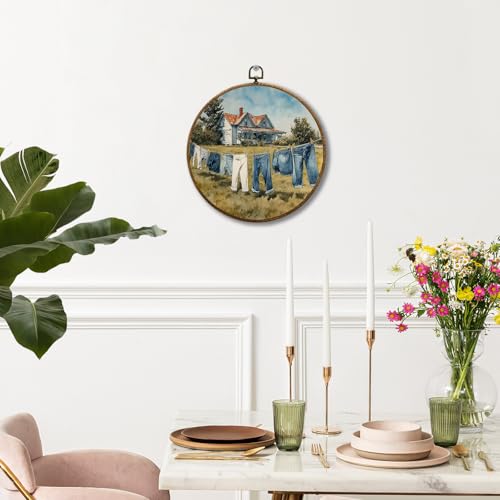 JUIOEIU Vintage Rustic Farmhouse Round Wall Decor, Country Laundry Day Framed Canvas Prints, Retro Cottagecore Landscape Wall Art Hanging Decorations for Washroom Bathroom Laundry Room Decor, 10x10in - color: Laundry room04
