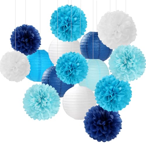 Blue-White Birthday Party-Decorations Paper-Flowers Lanterns - 15PCS Light Royal Tissue Pom Poms Streamers,Classroom Ocean Themed Baby Bridal Shower Bachelorette Wedding Hanging Supplies Decor Hugfond - color: Blue White
