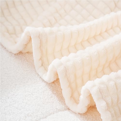 Puncuntex Flannel Fleece Throw Blanket Cream White 50"×60",Super Soft Plush Cozy Blanket with 3D Jacquard Square Grid Design Luxury for Couch Sofa Chair - color: Cream White, size: 50"×60"