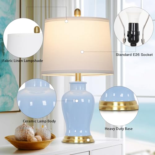 23" Modern Blue Ceramic Table Lamps Set of 2, Coastal Ceramic Lamps for Living Room, Classic Bedside Lamp with Ginger Jar Design, Elegant Bedroom Lamp for Night stand Desk Side End Table Home Decor - color: Blue