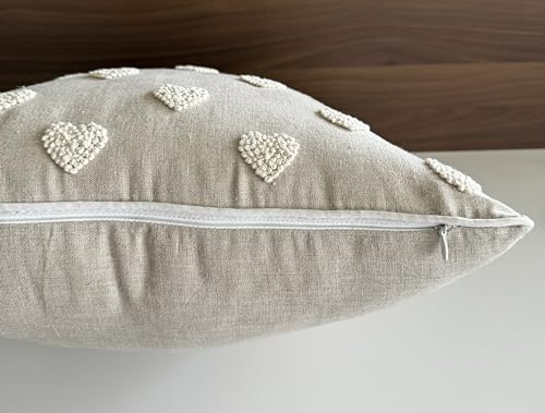 VAGMINE Hand Embroidered Heart Tufted 18x18 Throw Pillow Cover - Natural Linen Square Cushion for Sofa Couch Bed Nursery - Boho Valentine Decor - French Knots - color: Natural-french Knots, size: 18" x 18" (Pack of 1)