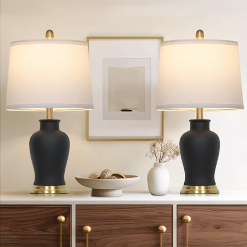 23" Modern Black Ceramic Table Lamps Set of 2, Farmhouse Table Lamps for Living Room, Classic Bedside Lamp with Ginger Jar Design, Elegant Bedroom Lamp for Night stand Desk Side End Table Home Decor - color: Black