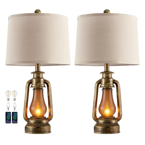 25" Set of 2 Rustic Lantern Table Lamps for Living Room Bedroom, 2 USB Ports Farmhouse Vintage Bedside Desk Lamp Nightlight for Entryway Office End Table, 4 Bulbs Included - color: Brass Color - 25'' Lantern Lamps