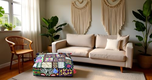CRAFT KALA Indian Square Patchwork Traditional Pouf Cover Indian Living Room Poufs Decorative Embroidered Designer Ottoman Home Footstool Chair Cover Decor Pillow Cover 18x18x5 inches, Dark Green - color: Dark Green, size: 18"D x 18"W x 5"H