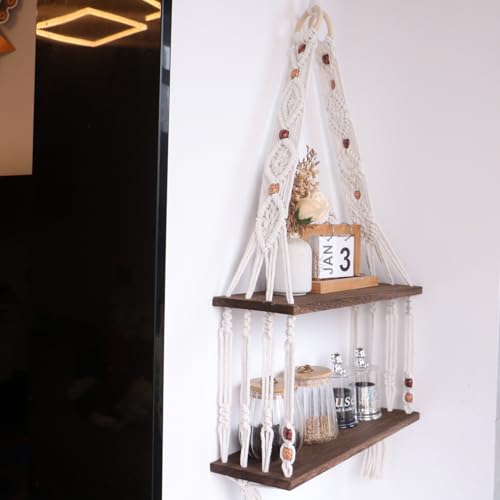 TENEWEE Boho Wall Hanging Shelves Macrame Floating Plant Photos Wood Shelf for Bedroom Living Room Apartment Decor (Black) - color: Black