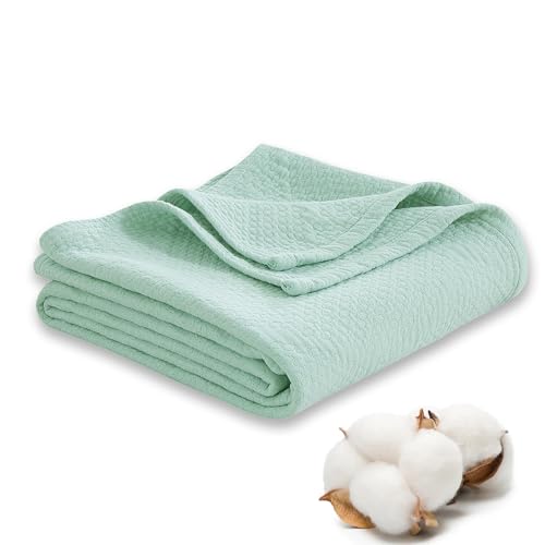 Premium 100% Cotton Blanket – All-Season Soft Breathable Bed Blanket for Throw Size – Lightweight Stylish Textured Throw for Bed– Giftable Cozy Bedding - color: Light Green, size: Throw (50"x60")