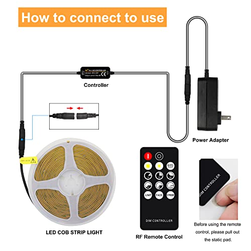 AXMOTUT White COB LED Strip Light, Dimmable 16.4ft/5m LED Light, 6000K Daylight White 2400 LEDs High Lumen LED Tape Lights CRI 90+ with RF Remote and UL Power for Bedroom,Kitchen,DIY Home Decoration - color: Daylight White 6000K, size: 16.4FT