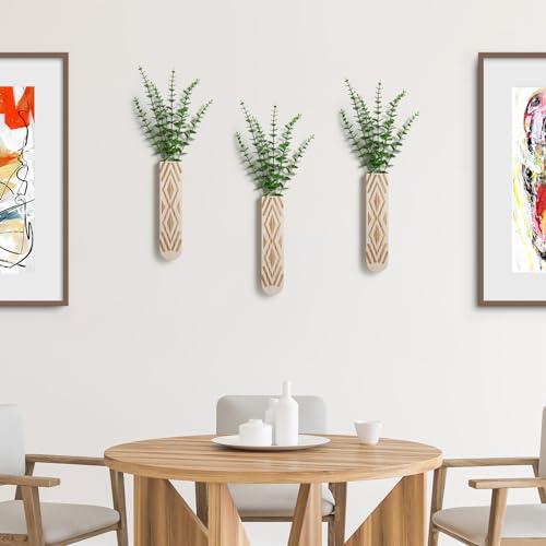 3 Pack Wood Wall Planter, Boho Wall Art for Entryway and Bathroom Decor, Modern Farmhouse Decor, Wall Decor Vase for Holding Fake Plants and Dried Flowers - color: Log Color-b