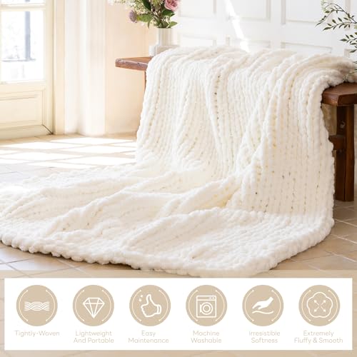 Chunky Knit Blanket - Luxury Soft Cozy 80 * 90 Throw Blanket,100% Woven Blanket Rope Knot Throw Blanket for Couch, Sofa, Home Decor, Gift - Machine Washable (Ivory White, 80 * 90) - color: Ivory White, size: 80*90