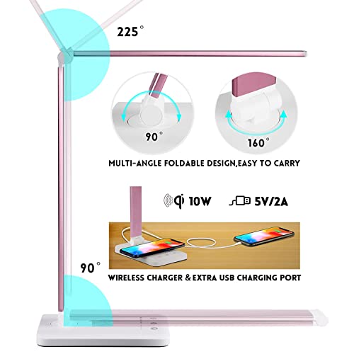 LED Desk Lamp with Wireless Charger, USB Charging Port, Desk Lighting with 10 Brightness, 5 Color Modes, Dimmable Eye Caring Reading Desk Lamps for Home Office, Touch Control, Auto Timer, Pink - color: Pink, size: PRO