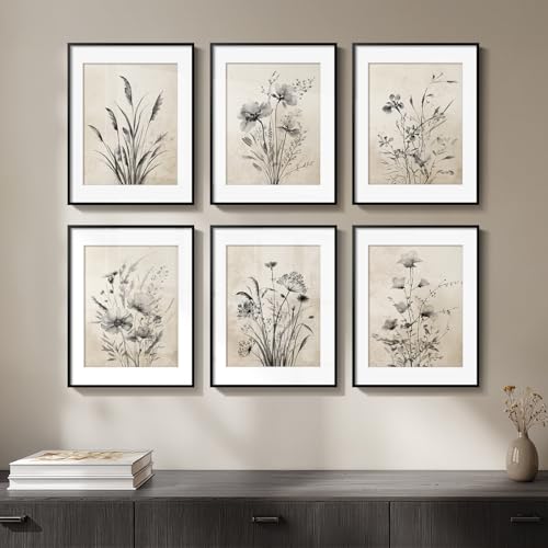Framed Boho Vintage Botanical Wall Art, Set of 6 Black and White Floral Canvas Painting Prints with Mat for Farmhouse Living Room, Neutral Rustic Flower Artwork for Kitchen Bedroom Home Decor, 11x14 - color: Black Floral - Black Framed, size: 11" W x 14"