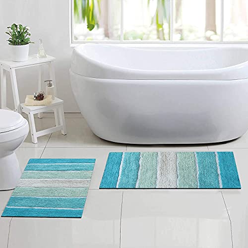 Chardin home Cordural Stripes Bath Mat, Set of 2 Bath Rugs (17 Inches x24 Inches & 21 Inches x34 Inches) | Non Slip Bathroom Rug, Machine Washable, Plush, Highly Absorbent | Aqua Turquoise Ombre - color: Aqua Turquoise