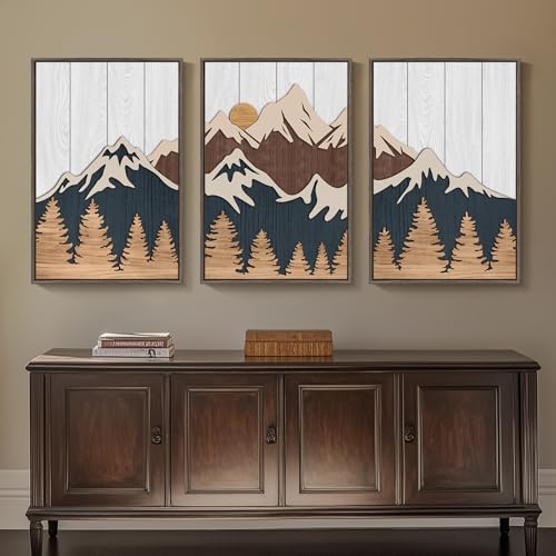 Framed Textured Wood Mountain Wall Art for Living Room, Large 3 Piece 3D Wood Farmhouse Artwork for Walls, Boho Landscape Mountain Forest Sun Wall Art Decor for Bedroom Office Hallway, 24x36 Inch - color: Neutral Blue White, size: 24" W x 36" H x 3Pcs