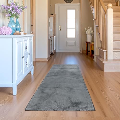 jinchan Solid Plush Runner Rug 2x5 Performance Shaggy Washable Hallway Rug Soft Modern Faux Wool Cozy Non Slip Carpet for Bedroom Laundry Room Living Room Kids Nursery Grey - color: Solid Grey, size: 2' x 5' (Runner)