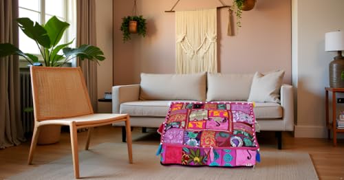 CRAFT KALA Indian Square Patchwork Traditional Pouf Cover Indian Living Room Poufs Decorative Embroidered Designer Ottoman Home Living Footstool Chair Cover Decor Pillow Cover 18x18x5 inches, Pink - color: Pink, size: 18"D x 18"W x 5"H