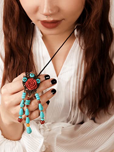 MINACHI Vintage Bohemian Colorful Ceramic Bead Antique Flower Y Necklace, Vintage Boho Hippie Statement Jewelry Gift for Women - color: S08