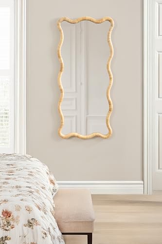 Kate and Laurel Rahfy Boho Scalloped Rectangle Rattan Wall Mirror, 22 x 48, Natural Wood, Decorative Rectangular Wavy Mirror with Authentic Rattan Frame for Bedroom Mirror Decor