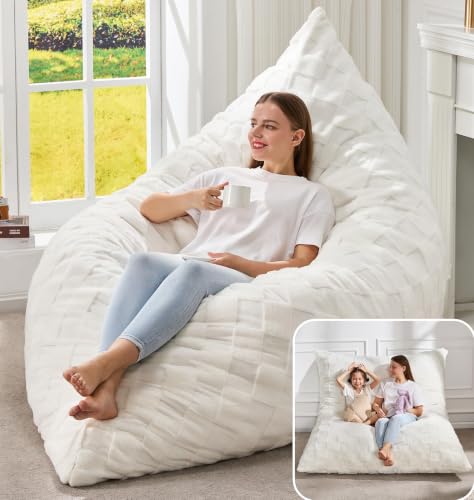 Hobestluk 3 in 1 Bean Bag Chair Giant Bean Bag Chairs for Adults with Plaid Cover Convertible Bean Bag Floor Cushion with Machine Washable Cover for Living Room (Plaid White) - color: Daisy White