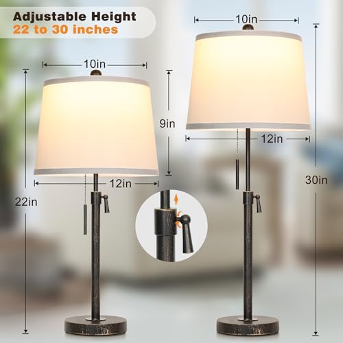 Adjustable Height Table Lamps Set of 2 22-30in Retro Black Brush Gold Modern Nightstand with White Shade 3 Color Temperature Pull Chain Bedside Lamps for Living Room Bedroom Hallway(Bulbs Included) - color: Black Gold+White Shade Set of 2