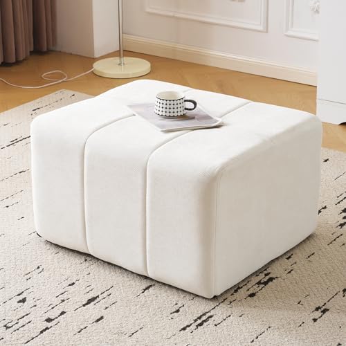 Square Stuffed Pouf Ottoman,Chenille Poufs with Foam Chunk Filling, 27.9 X 16.1 Floor Poufs for Sofa,Accent Foot Rest Stool for Living Room, Beige - color: Beige