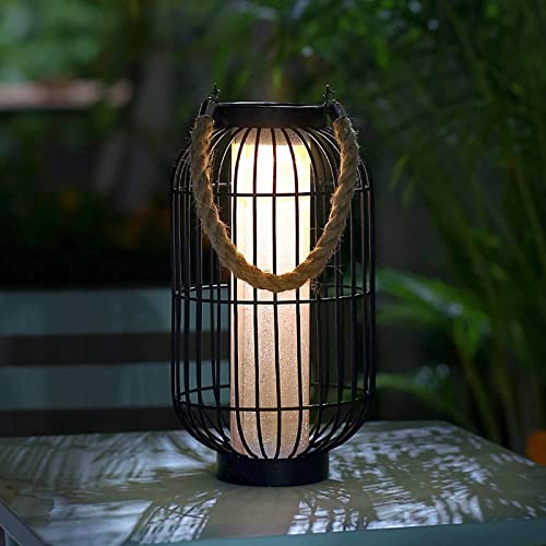 pearlstar Large Solar Powered Lantern Outdoor-Heavy Duty Metal Hanging Lights Decorative Solar Table Lamp Waterproof for Outside Patio Yard Garden Porch Tabletop Decor (Black) - color: Black