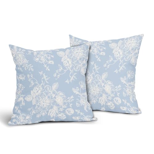 Kawani Vintage Floral Pillow Covers 18x18 Inch Set of 2 Baby Blue Floral Outdoor Decorative Throw Pillows Chinoiserie Flower Pillowcases Rustic Farmhouse Cushion Covers for Couch Home Decor - color: Baby Blue Floral, size: 18" x 18" (Pack of 2)