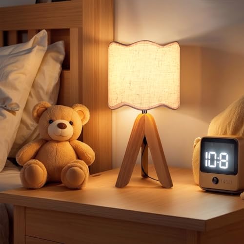 Hamilyeah Tripod Table Lamp with Wood Base, Bedside Lamp with Scalloped Fabric Linen Shade and On/Off Switch, Morden Nightstand Desk Lamp for Bedroom, Living Room, Kids Room, Office Dorm - color: Walnut Beige 1 PACK