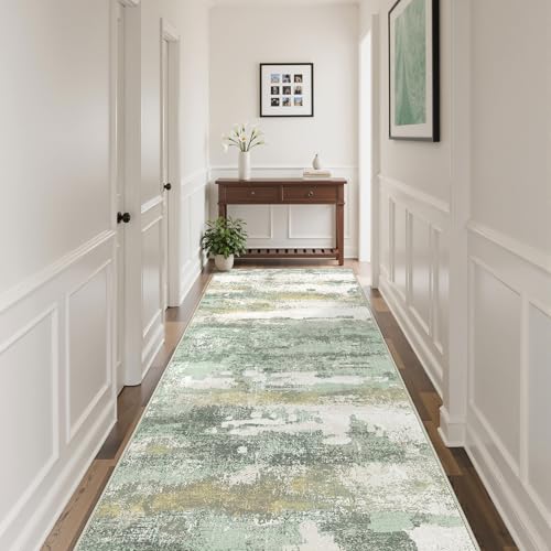 BEIMO Runner Rug for Hallway Kitchen, 2'6"x6' Machine Washable Runners Rug for Entryway, Soft Modern Abstract Throw Rugs, Low Pile Floor Cover with Non Slip Backing, Light Green - color: Light Green/Cream, size: 2'6" x 6' (Rectangular)