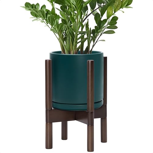 D'vine Dev Ceramic Planter with Walnut Color Stand - 8 Inch Modern Round Flower Pot with Wood Planter Holder, Teal, 55-B-Y-4 - color: Teal Pot + Walnut Color Stand, size: 8 Inch