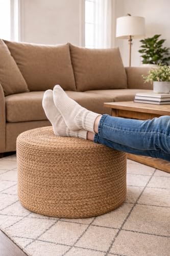 Jute Pouf Ottoman | Footrest Pouf | Hand Braided - Round Boho Pouffe - for Living Room, Bedroom, Nursery (20"x20"x10") Natural - color: Natural, size: 20"D x 20"W x 10"H
