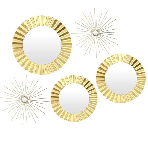 MorningRo 5 Pack Gold Metal Mirrors for Wall Gold Starburst Sunburst Wall Decor Set Metal Round Mirrors Decor Hanging Art Circle for Living Room Bathroom Bedroom Modern Decorative Gifts