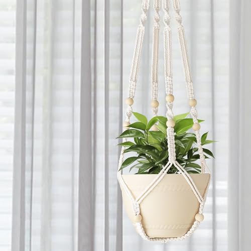 35 Inch Macrame Plant Hanger Indoor with Wood Beads and No Tassels,Strong Hanging Planter Flower Pot Holder for Indoor Outdoor Boho Home Decor,Set of 1,Ivory(Pots Not Included)