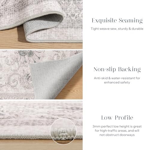 Phantoscope Washable Runner Rug 2'x6' Non-Slip, Vintage Neutral Hallway Rugs for Entryway, Stair, Bedroom, Distressed Boho Floral Medallion Pattern, Low-Pile Foldable Carpet, Cream Beige/Neutral - color: Cream Beige/Neutral, size: 2' x 6' (Runner)